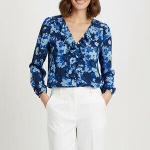 J crew xs blue flower chiffon ruffle blouse